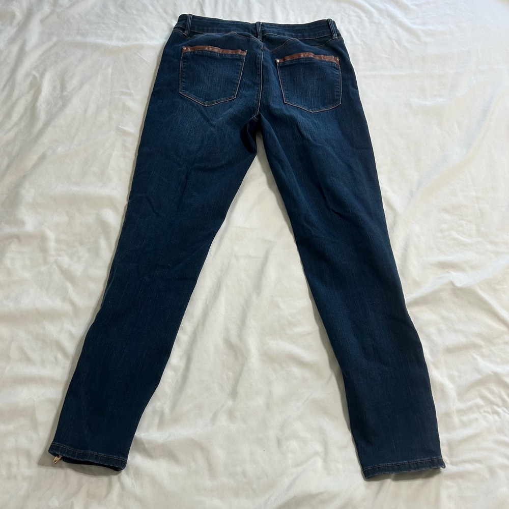 White House Black Market Skinny Ankle Jeans Dark Wash Faux Leather Trim Size 6 - Picture 12 of 14